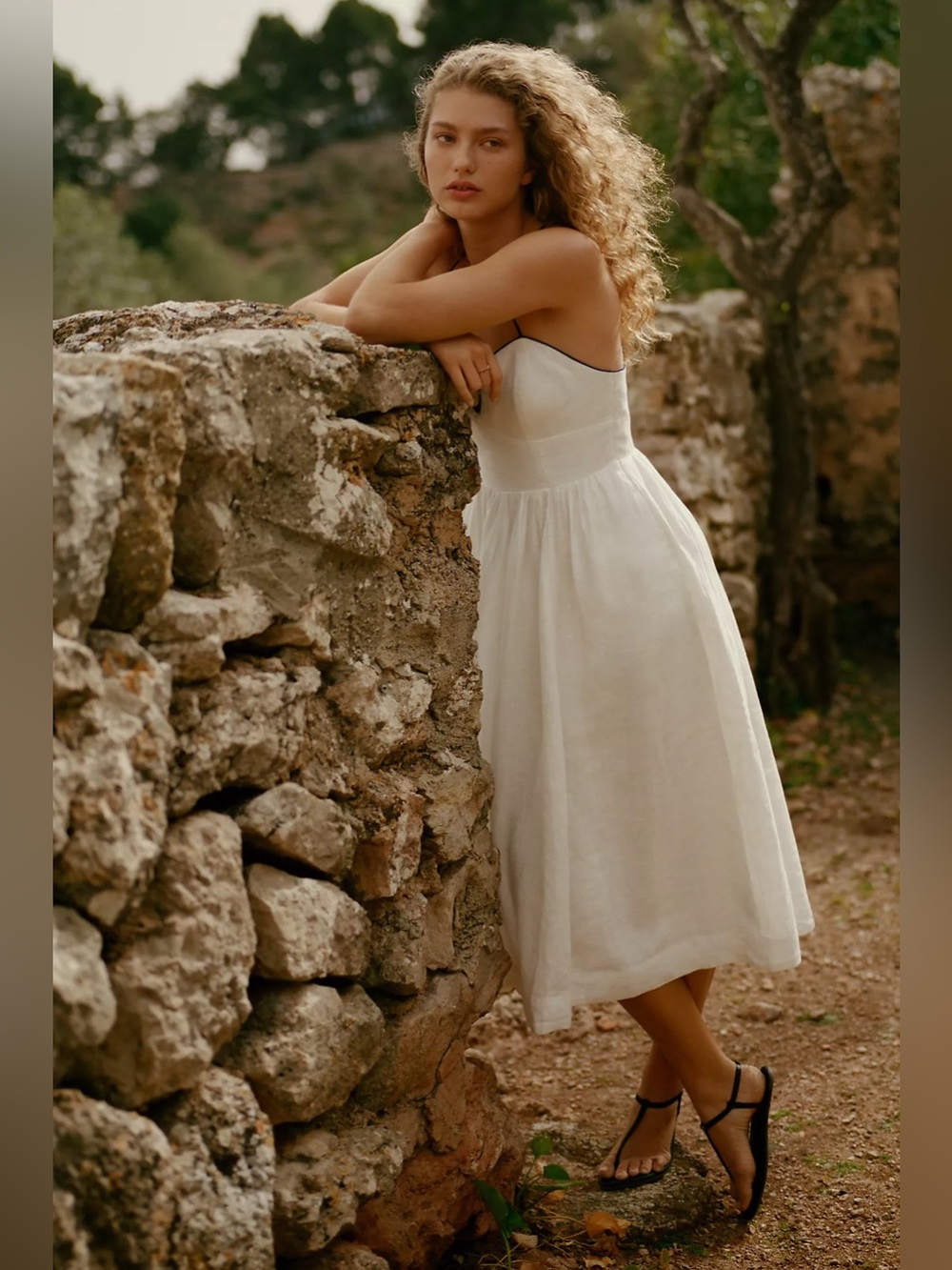 Anthro Maeve Seamed Contrast Midi Dress White Linen XL Petite XLP Minimalist
